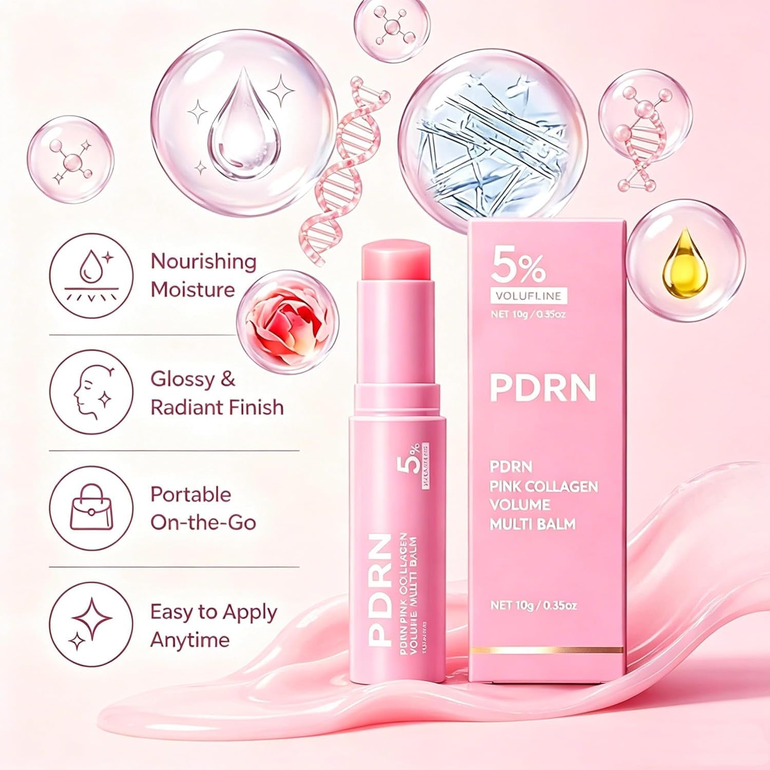 PDRN Pink Collagen Volume Multi Balm Stick - Volufiline, PDRN, NAD, Collagen, Face & Body Balm for Under-Eyes, Neck, Forehead, Smile Lines, Lips, Plumping, Radiance, Line Care (1PC)